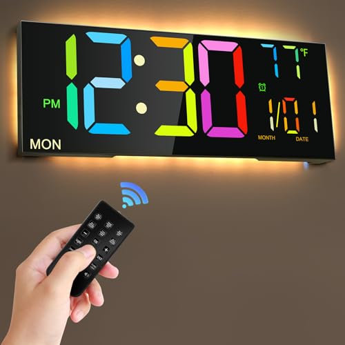 LYtech 13 Digitale Wanduhr, Buntes Wanduhr Digitale Groß mit Fernbedienung, Digitale Wanduhr mit Temperaturanzeige Uhrzeit Datum, Einstellbarer Helligkeit, Countup/Countdown für Zuhause Wohnzimmer