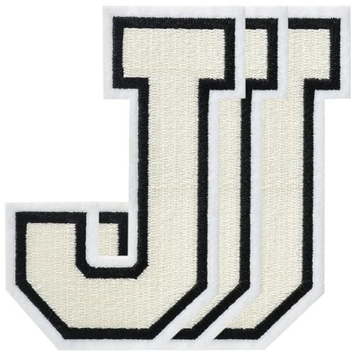 CXWLJL 3 Stück 11,4 cm bestickte Aufnäher zum Aufbügeln, Buchstaben-Aufnäher für Kleider, Röcke, Hüte, Socken, Taschen, DIY-Zubehör – J (weiß)