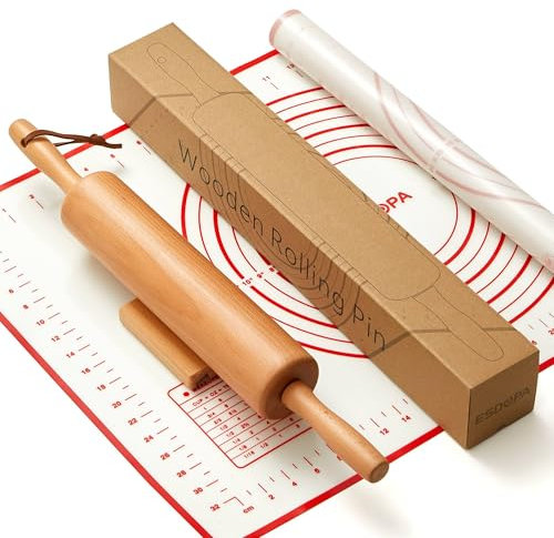 ESDOPA Nudelholz aus natürlichem Buchenholz zum Backen, Teigroller für Pizza, Kuchen, Nudeln, Brot, kommt mit großer Silikon-Gebäckmatte und Holzsockel