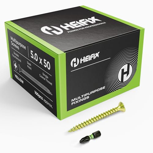 Heifix Multi-Purpose Wood Screws Pozi Double Countersunk - FREE Screw Bit Included (QTY 100, 5mm x 50mm)