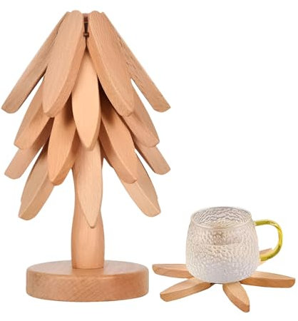 Tree Art Wood Coasters Set of 4 - Foldable Wooden Tree Shape Coasters with Holder and Base - Perfect for Drinks, Tables & Home Decor