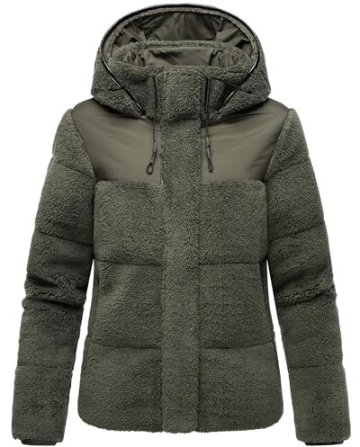 MARIKOO Damen Teddy-Fleecejacke warme Übergangsjacke Gesteppte Plüschjacke in angesagtem Materialmix mit Kapuze Kaguraa 16 Olive Gr. XXL