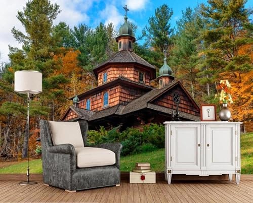 YYZOVBNN Villa-Holzhaus in den Bergen, Waldbäumen, Naturtapete, Wohnzimmer, Schlafzimmersofa, TV-Tapete, Heimdekorationswandbild