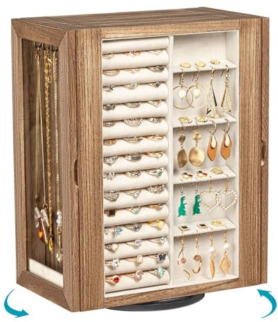Emfogoo Joyeros Mujer Organizador, 360º Giratorio Organizador Joyas Grande Madera con 5 Cajones, Puerta Lateral de Cristal, Vertical Joyero para Pendientes, Collares, Anillos y Pulseras (Retro Brown)