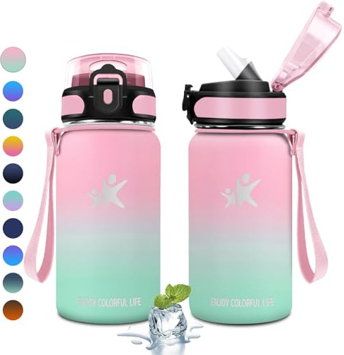 KollyKolla Trinkflasche Edelstahl 500ml, Isolierflasche mit Strohhalm, BPA-Frei, Kohlensäure Geeignet, Einhandöffnung, Vakuum Thermosflasche, Wasserflasche für Kinder, Sprudel, Camping, Picknick