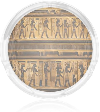 Runder Glasaschenbecher mit Ägypten-Hieroglyphen-Druck, 8,4 cm, klarer Kristall, für Terrasse, Zuhause, Büro