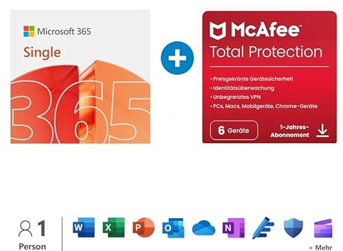 Microsoft 365 Single │ 1 Jahr | 1 Person │ Office Apps mit KI | 1 TB Cloudspeicher + McAfee Total Protection │ 1 Jahr | 6 Geräte │ Aktivierungscodes per E-Mail