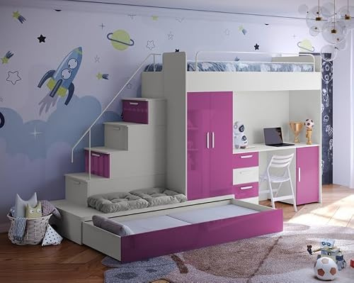 Generisch Hochbett mit Schreibtisch TOMI 5, Schrank, Treppe und Gästebett in Hochglanz (Cashmere + Rosa, Glanz, Ohne Matraze und Matrazenrahmen)