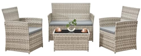 4-Piece Rattan Garden Furniture Set with Glass Coffee Table, Double Loveseat & 2 Cushioned Chairs, Weather-Resistant Patio Sofa Set- Modern PE Wicker Design for Conservatory, Balcony & Poolside
