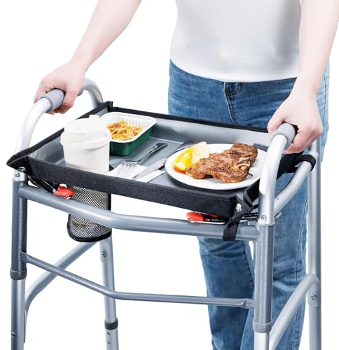 Bandeja Walker con soporte para bebidas, bandeja universal Walker para personas mayores, bandejas para paseos, bordes elevados, resistente al agua, diseño de 10 libras para personas mayores y