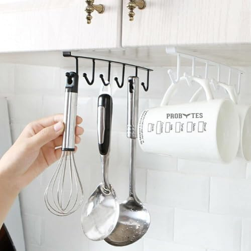 ProBytes Space Saving Metal Organiser - 6 Linear Hooks, Under Cabinet Clamp Design, Additional Screw Hole, Suitable for Kitchen, Home, Office, Garage Cabinets, Drawers, Cups & Mug Organiser (Black)