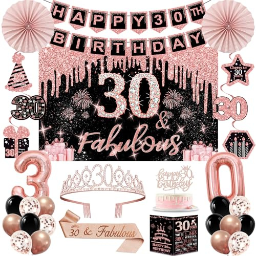 30th Birthday Decorations for Women, Rose Gold 30th Birthday Party Kits | 32pcs Happy 30 Years Old Party Decorations Set, Backdrop, Crown, Sash, Banner, Cake Topper, Balloons, Card, Paper Fans