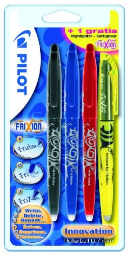 Pilot 2260B4 - Frixion Tintenroller Ball mit einen Textmarker Promotion 4 Stück schwarz, rot, blau und ein gelber Frixion Light gratis