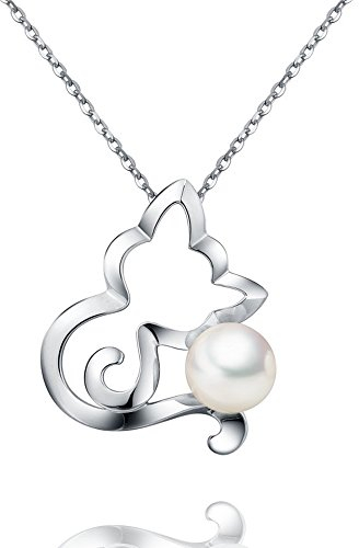 VIKI LYNN Damen Kette Katze Perlenkette Sterling Silber 925 Halskette mit 18K Weissgold plattierte Katze Form Süßwasser Perlen Anhänger