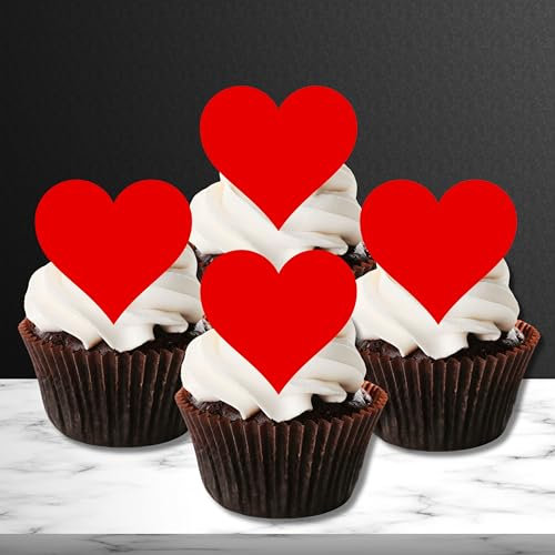 Red Heart Edible Cupcake Toppers – 24 x 4cm/1.5 Inch PRECUT Valentine’s Decorations for Cakes, Bakes & Romantic Celebrations (24)