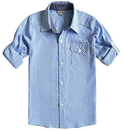 Bienzoe Garçon Coton Plaid Roll-up Manche Chemises 7/8 Bleu Clair