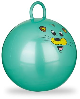 Relaxdays Hüpfball Kinder 2er Set, Maus, mit Griff, grün | mit Tier-Motiv, weich, 45 cm Durchmesser