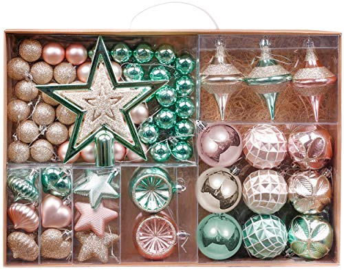 Valery Madelyn Weihnachtskugeln 70tlg 3-17cm Plastik Christbaumkugeln Weihnachtsbaumschmuck mit Weihnachtsbaumspitze und passende Aufhänger Eleganter Palast Thema Mintgrün Rosa Gold MEHRWEG Verpackung