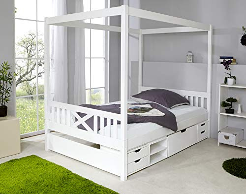 TiCAA Kinderbett Himmelbett mit Schubkasten 140x200 cm, für Jungen & Mädchen, Montessori Bett weiß aus Kiefer Massivholz