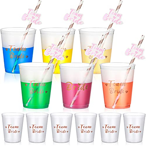 Bachelorette Cups for Bride and Team Bride Shower - Fresh Color With Shiny Gold Foil, Drinking Straw for Bridal Party Wedding Favors, 12 Oz (White)
