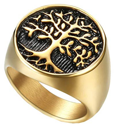 OAKKY Herren Einzigartige Lebensbaum Siegelring Gold Schwarz Ton Band Edelstahl Versprechen Aussage Klassisch Gotisch Größe 70 (22.3)