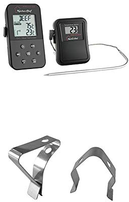 TFA Dostmann Küchen-Chef Funk-Grill-Bratthermometer, 14.1504, für ideal gebratenes Fleisch + Clips für Grill-Bratenthermometer, zur Befestigung des Temperaturfühlers, aus Edelstahl