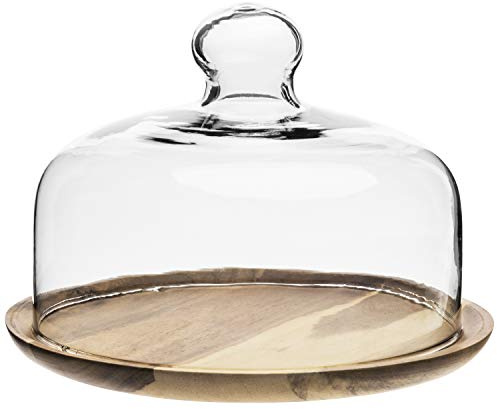 MyGift Cloche Dome Clear Glass Dessert Cheese Serving Tray 7.5 Inch Small Cake Cupcake Stand with Acacia Wood Base for Party Wedding