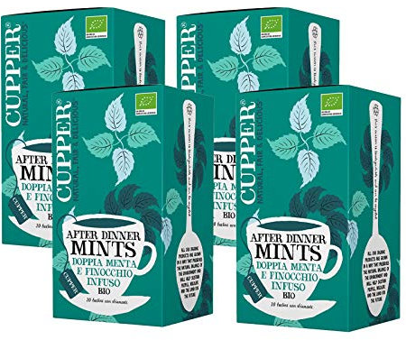 Cupper - Pack de 4 Cajas de 20 Bolsitas de Infusiones Ecológicas After Dinner Mints - Propiedades Digestivas - Contiene Hierbabuena, Jengibre y Semillas de Hinojo - Apto para Veganos
