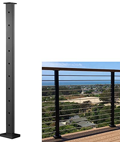 Senmit Kabelgeländerpfosten – Edelstahl quadratischer Zaunpfosten für Deck-Kabelgeländersystem, flache Oberseite, 91,4 x 2,5 x 5,1 cm, Wasserwaage, vorgebohrt, Mattschwarz