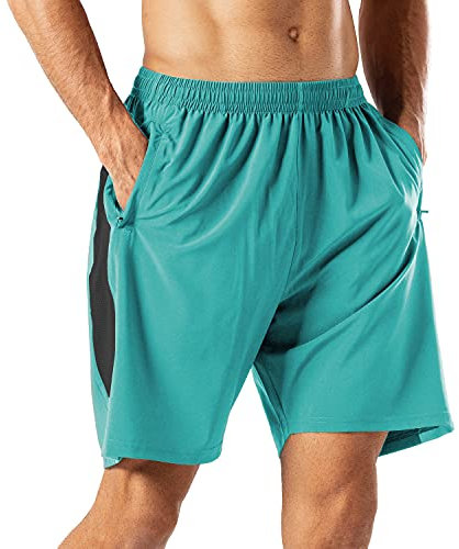 HMIYA Herren Sport Shorts Schnell Trocknend Kurze Hose mit Reißverschlusstasch (Grüner See, XL)
