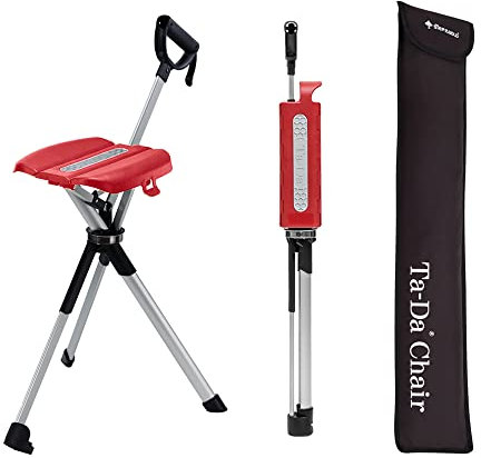 TA-Da Chair Serie 2 - Gehstock mit Sitz, ultraleichter Aluminiumrahmen & robuster Klapphocker (bis 136 kg) zusammenklappbares Design, ideal für Wanderungen und Outdoor-Aktivitäten (rot, S (82 cm))