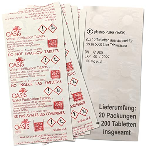 plasteo® PURE OASIS Wasserreinigungstabletten 200 Stück für bis zu 5000 Liter Wasserentkeimung | 100% keimfreies Trinkwasser in 30 Minuten | 1x Handschuh aus PE | empfohlen von WHO und CDC