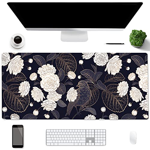 Schreibtischunterlage,AiPsekocy PU-Leder doppelseitige Schreibtischmatte,90x 40 cm Große Schreibtisch-Schreibblock,Wasserdicht Mausmat für Büro und Zuhause-Blumen und Vögel