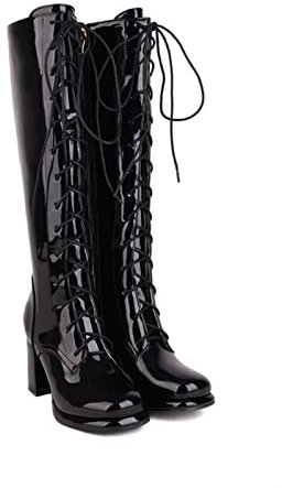 8CM/3.14IN Stivali da Pole Dance Alti in Pelle Verniciata Ma Stivali da Cavaliere con Lacci in Pelle Lucida di Grandi Dimensioni,Nero,43 EU