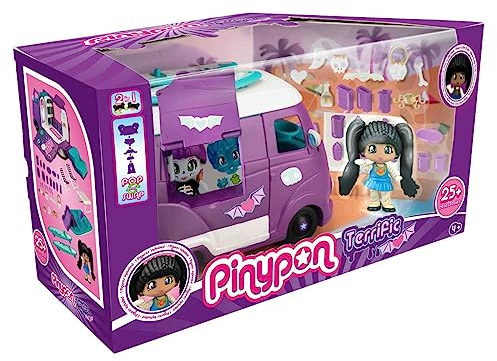 Pinypon - Terrific Van, Caravana de Juguete Morada, se transforma en Barca con tobogán, Accesorios Que Brillan en Oscuridad y 2 Tablas de Surf, 1 Figura de Momia, Desde 4 años, Famosa (PNY49000)