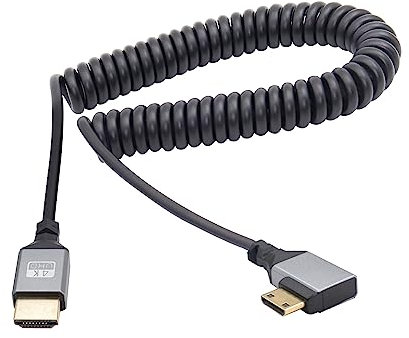 RIIEYOCA 90 Degree Right Angle UHD 4K Mini HDMI Male to HDMI Male 18Gbps High Speed 2.0 Extender Coiled Cable Supports 4K@60Hz,1080p,ARC,3D,for,DVRs,HDTV,Roku Ultra Stretchable to 1.5M/5FT