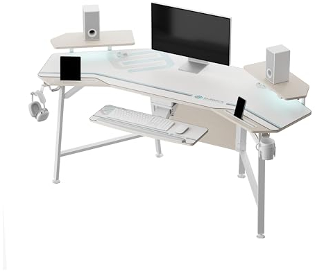 EUREKA ERGONOMIC Gaming Tisch mit LED 182x76cm Groß Gaming Schreibtisch in Flügelform PC Computertisch mit Tastaturablage,2 Monitorregal,Kopfhörerhaken für Home Office Studio Live-Streaming