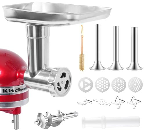 Accessorio per macina alimenti in acciaio inox, compatibile con mixer KitchenAid, include 3 tubi per salsicce, lavabile in lavastoviglie