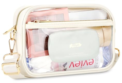 MoKo Transparente Crossbody Schultertasche für Damen, Klare Umhängetasche Station Genehmigte Geldbörse mit Mehreren Taschen & Verstellbar Riemen für Konzerte Festivals Sport Spiele, Beige