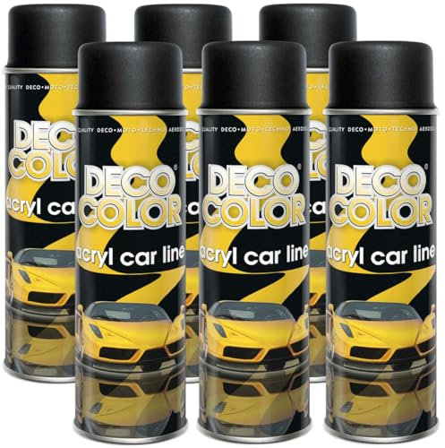 Deco Color 6er Sparpack ACRYL CAR LINE SCHWARZ MATT RAL 9005 in 500ml - Lackspray für z.B. KFZ, Auto, Motorrad, Alufelgen, Stahlfelgen uvm. (6 Dosen 500ml Schwarz MATT)