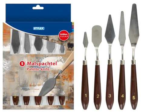 STYLEX 28571 - Malspachtel in 5 Größen | Palettenmesser aus Metall mit Holzgriff Malmesser für Acrylfarben Pasten uvm.