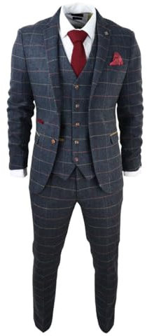 Costume Homme 3 Pièces en Tweed à Carreaux Bleu Marine Blazer Gilet et Pantalon pour Un Style Habillé et Formel - Bleu Marine 50