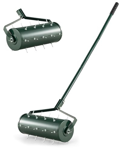 TANGZON 45cm/53cm Lawn Aerator, Heavy-Duty Rolling Spreader Lawn Care Tool with 130cm Metal Handle, Fillable Drum, Manual Aerator Gardening Roller for Garden Grass Patio Yard (Green,45x14x130cm)