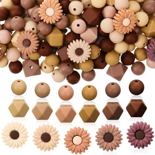 Ecation Silikonperlen, Großpackung mit 12 mm, rund, 14 mm sechseckig, 23/20 mm, Gänseblümchen-Perlen für Schlüsselanhänger, Armband, Halskette, Schmuck, DIY-Zubehör (braun), 186 Stück