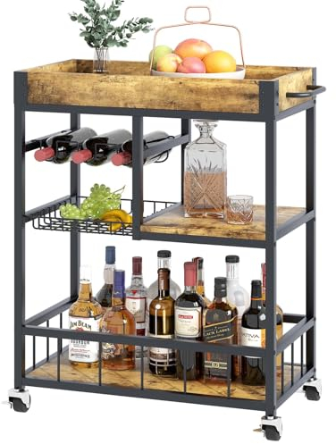 Bar Cart, 3 Tier Serving Trolley, Rolling Wine Trolley, Serving Cart with Iron Basket and Handle, Kitchen Storage Carts With Wheels, Tea Drink Trolley for Dining Living Room Bedroom Outdoor, Brown