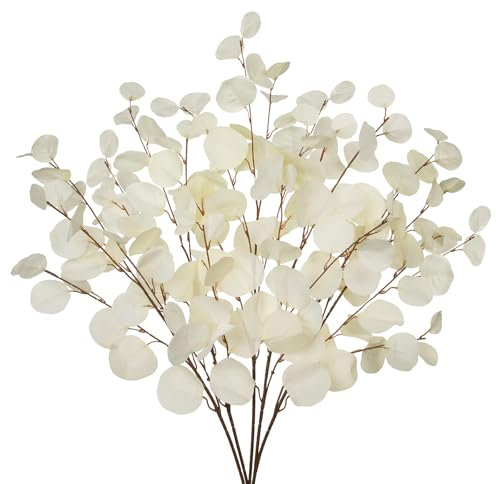 Briful 5PCS Künstliche Eukalyptus Kunstzweige 48CM Künstliche Zweige Weiße Eukalyptusstiel Kunstpflanzen für Blumengesteck Home Dekoration