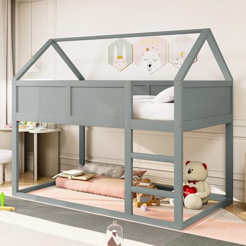 Merax Etagenbett 90 x 200 cm, multifunktionales Hochbett für Kinder, Hütte mit Treppen, Massivholz, Grau (ohne Matratze)