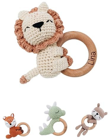 Bärenfreunde® - Personalisierter Beißring Baby - Niedlicher Greifling für Baby's ab 0 Monate - Babyrassel mit Name als Baby Geschenk für Mädchen und Jungen (Löwe liegend,ohne Name)