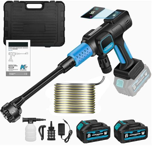 21V Nettoyeur Haute Pression, 100bar Pistolet Haute Pression sans Fil, Buse Multifonction 6-en-1, Tuyau de 5m, Nettoyeur Haute Pression sur Batterie, pour Un Nettoyage de terrasse, Jardin
