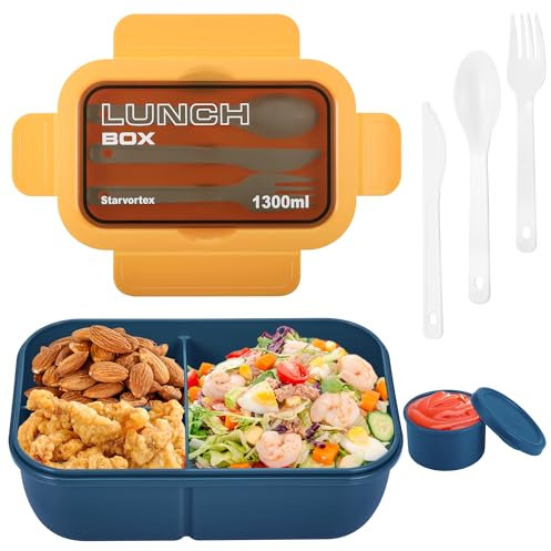Starvortex Bento Lunch Box, Résistance Chaleur Boite Repas Compartiment, Portable Boite a Lunch, Durable Boite Lunch Enfant, Antifuite Boite a Tartine Enfant Avec Couverts & Poêlon à Sauce (Bleu)